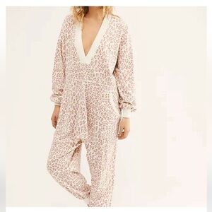 Free People Pink Leopard-Print V-Neck Pajama Jumpsuit
